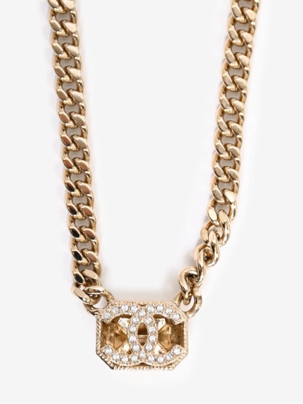 Double C Gold - Tone Chain Choker Necklace with Crystal Logo
